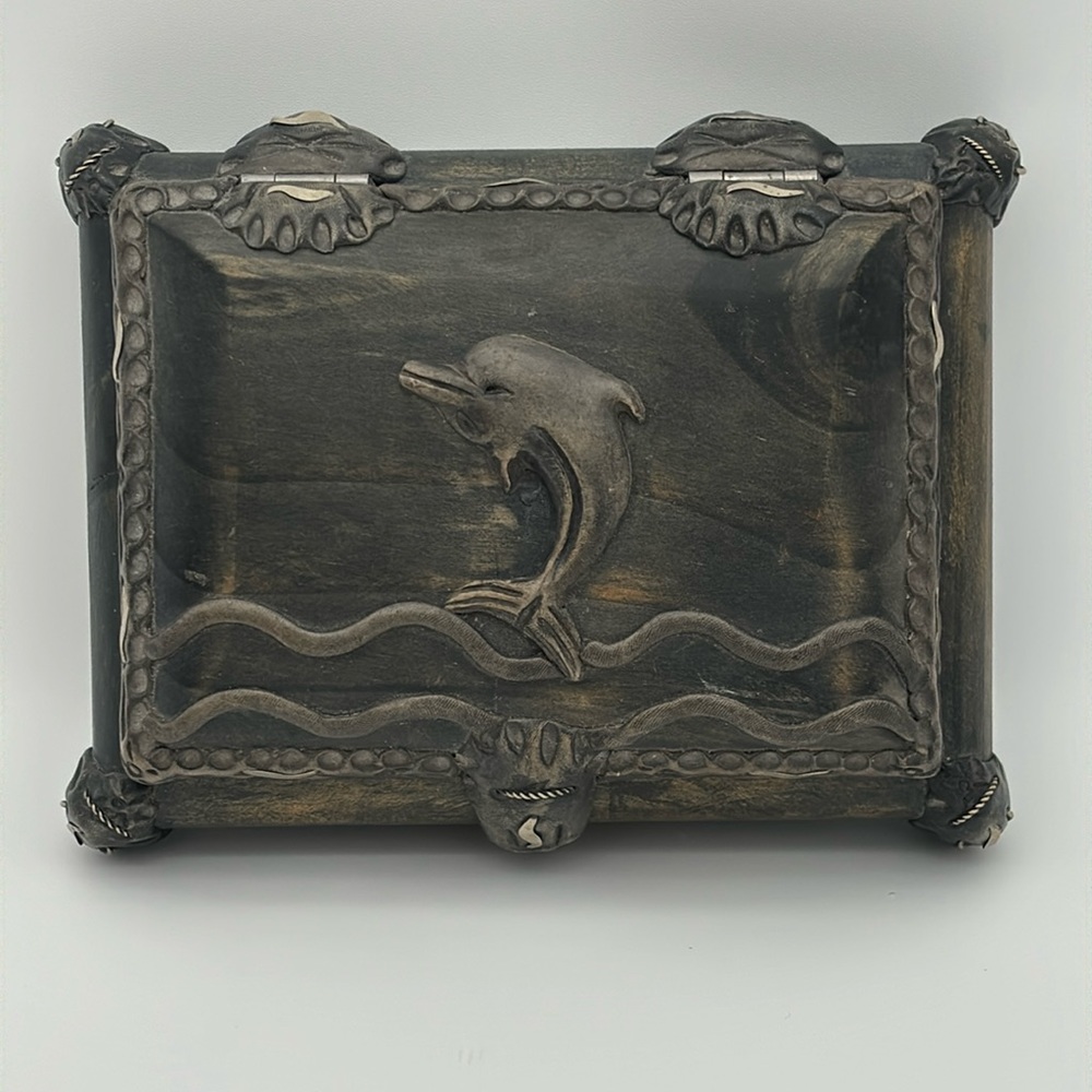 Carved Wood Dolphin Jewelry Box with Silver Tone Accents
